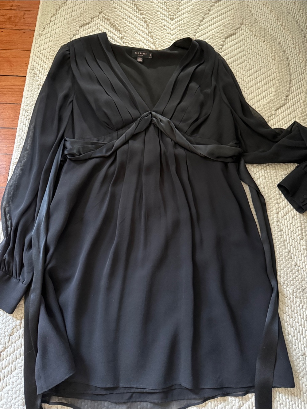 Ted Baker Black Pleated V-Neck Long Sleeve Twist-Front Dress